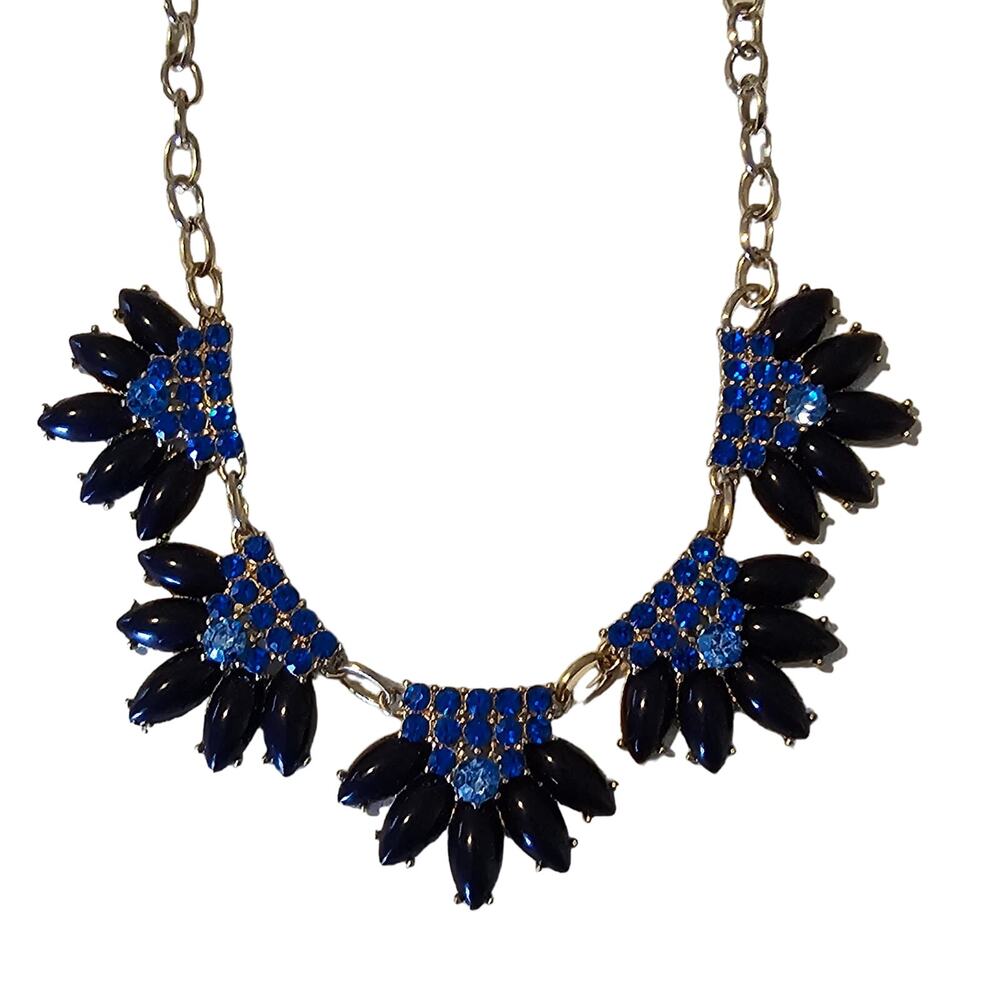 J CREW Blue Rhinestone Floral Statement Necklace Large with Gold Chain